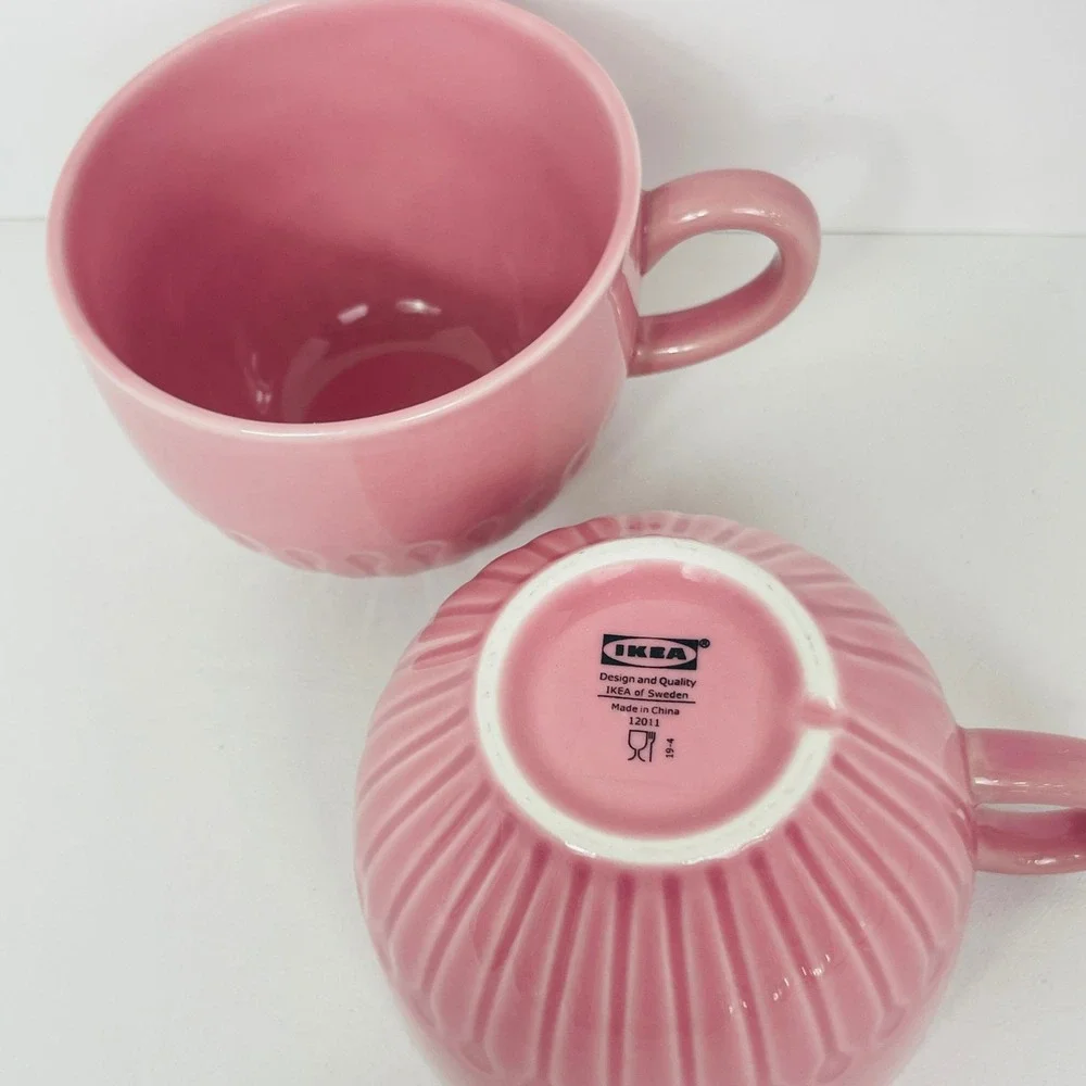 IKEA Mug Set 2 Strimmig Pink Embossed Ribbed Stoneware Modern Excellent